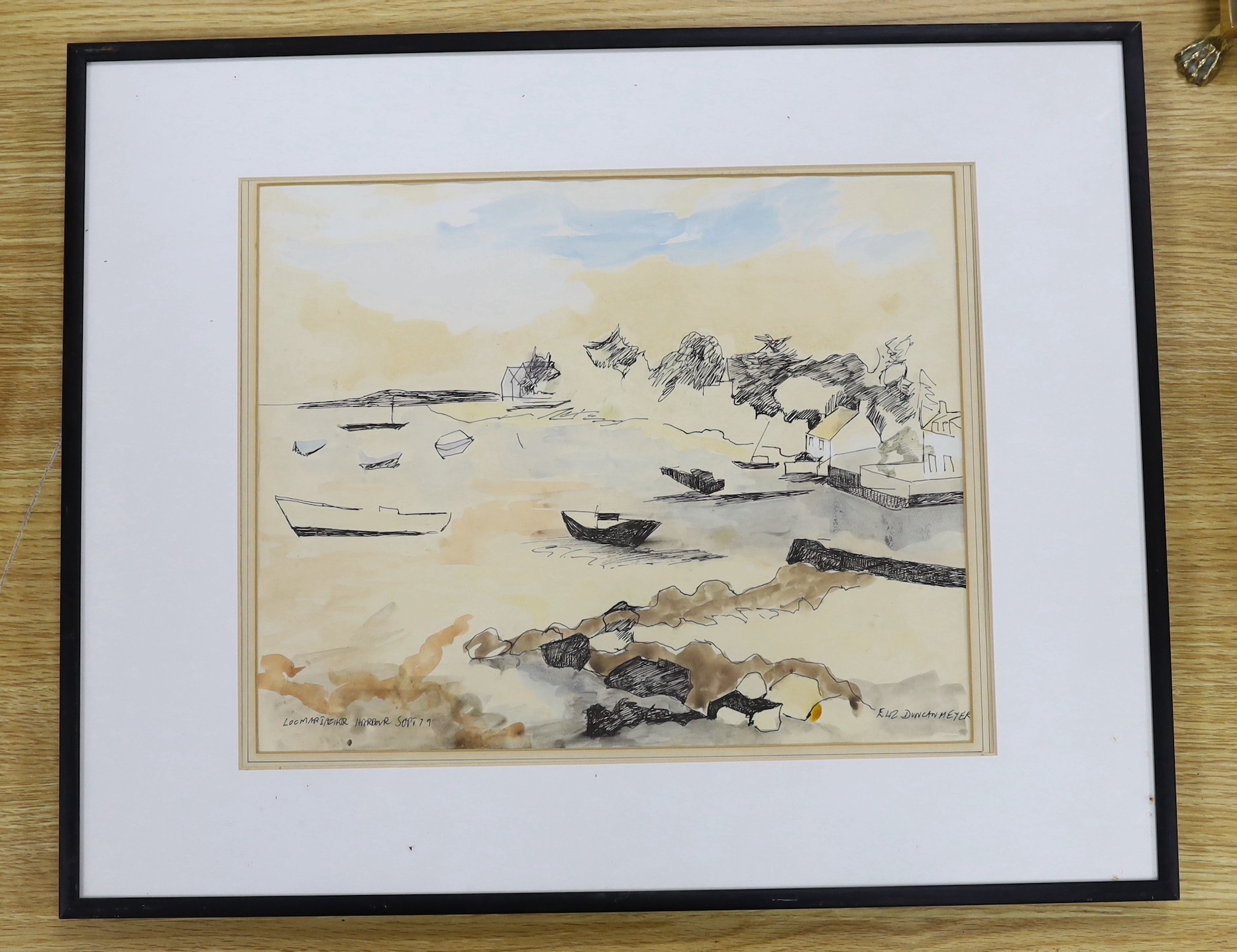 Elizabeth Duncan Meyer (b.1942), ink and watercolour, Harbour scene, singed, inscribed, and dated ‘79, 27 x 32cm
